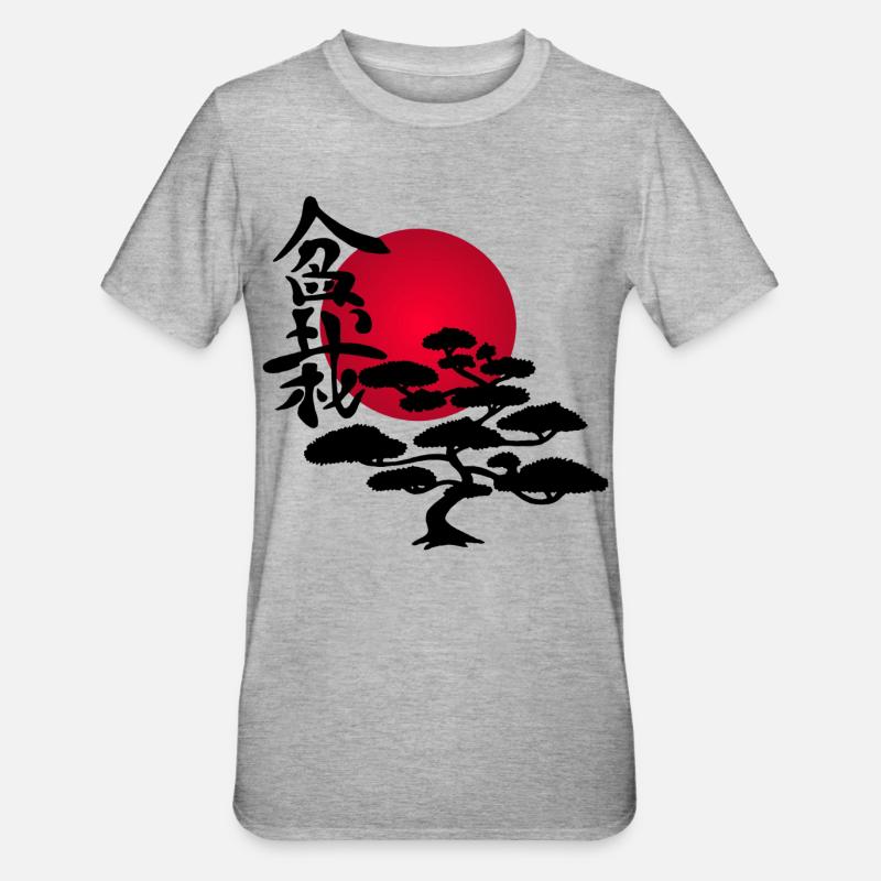 Schwarzer Baum und rote Sonne - Unisex Polycotton T-Shirt - Grau meliert