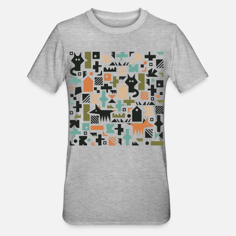 Katze Fuchs Vogelmuster l mehrfarbig - Unisex Polycotton T-Shirt - Grau meliert