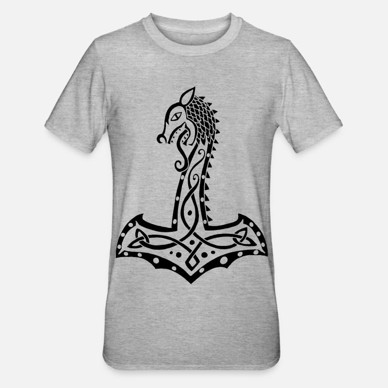 Schwarzer Wolf und Thors Hammer - Unisex Polycotton T-Shirt - Grau meliert