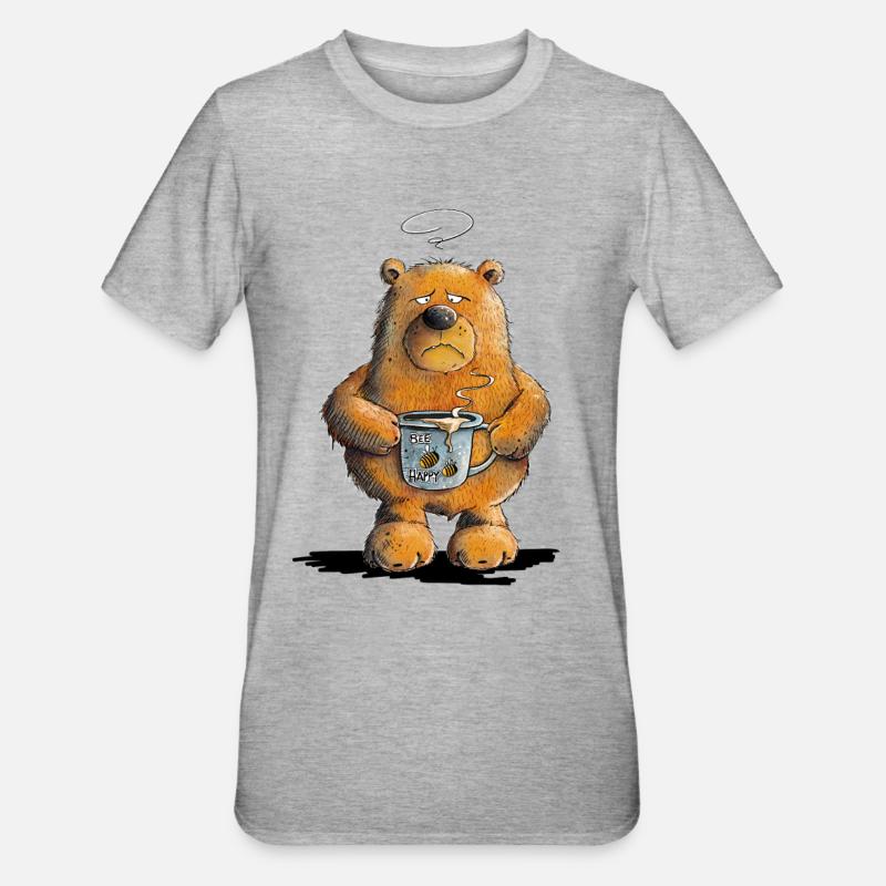 Morgenmuffel Bär Mit Kaffee - Unisex Polycotton T-Shirt - Grau meliert