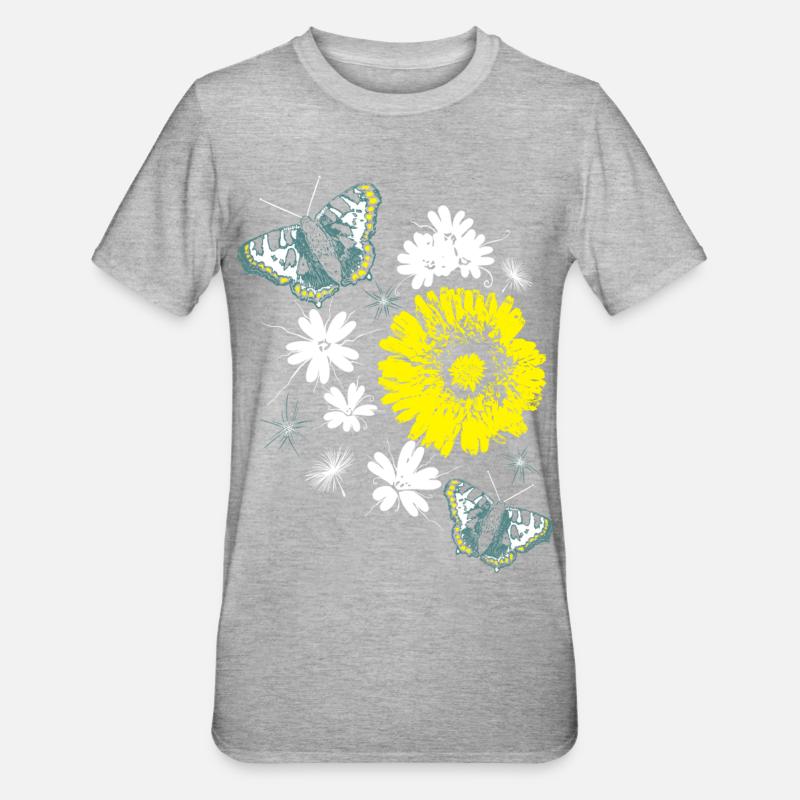 Fleurs Chrysanthèmes Papillons Été - T-shirt polycoton Unisexe - gris chiné