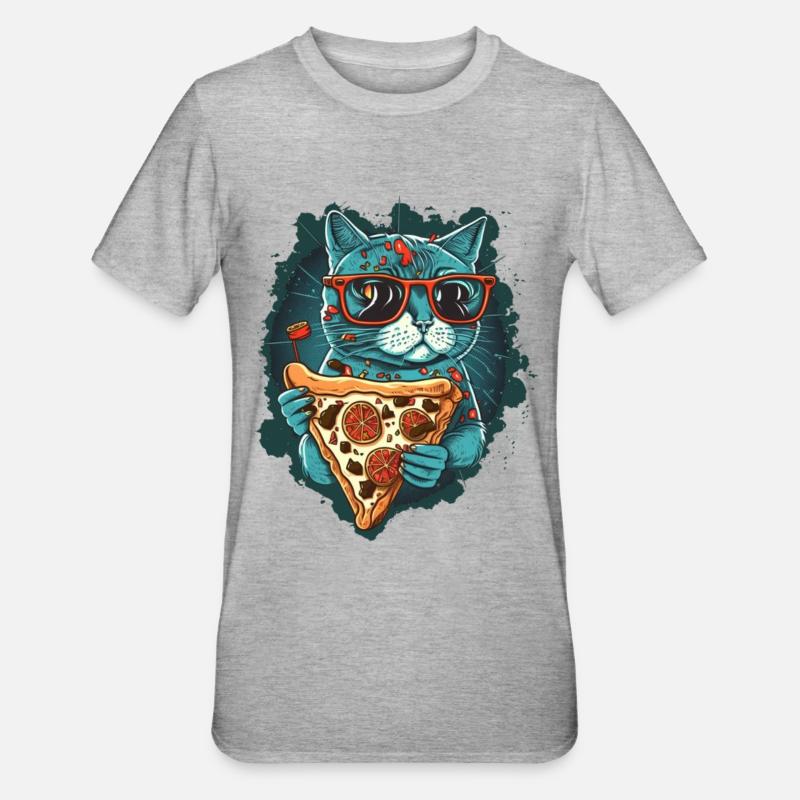 Chat avec des tranches de pizza - T-shirt polycoton Unisexe - gris chiné