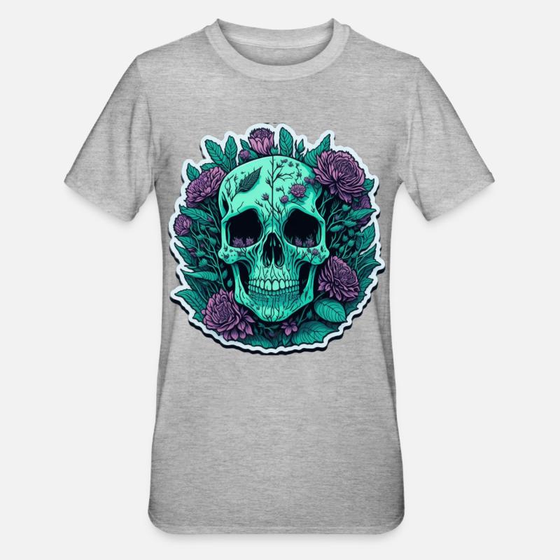 Crâne avec des fleurs violettes - T-shirt polycoton Unisexe - gris chiné
