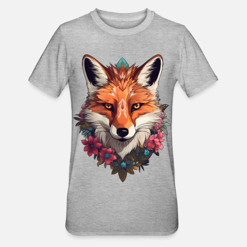 Renard avec des fleurs - T-shirt polycoton Unisexe - gris chiné