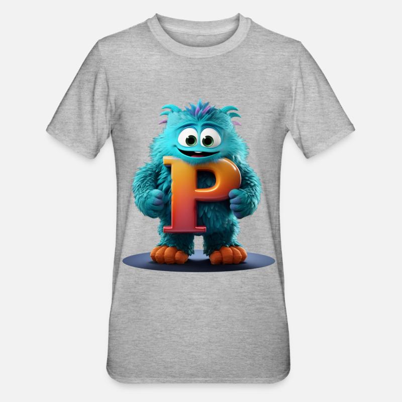 Monstre bleu avec P géant - T-shirt polycoton Unisexe - gris chiné