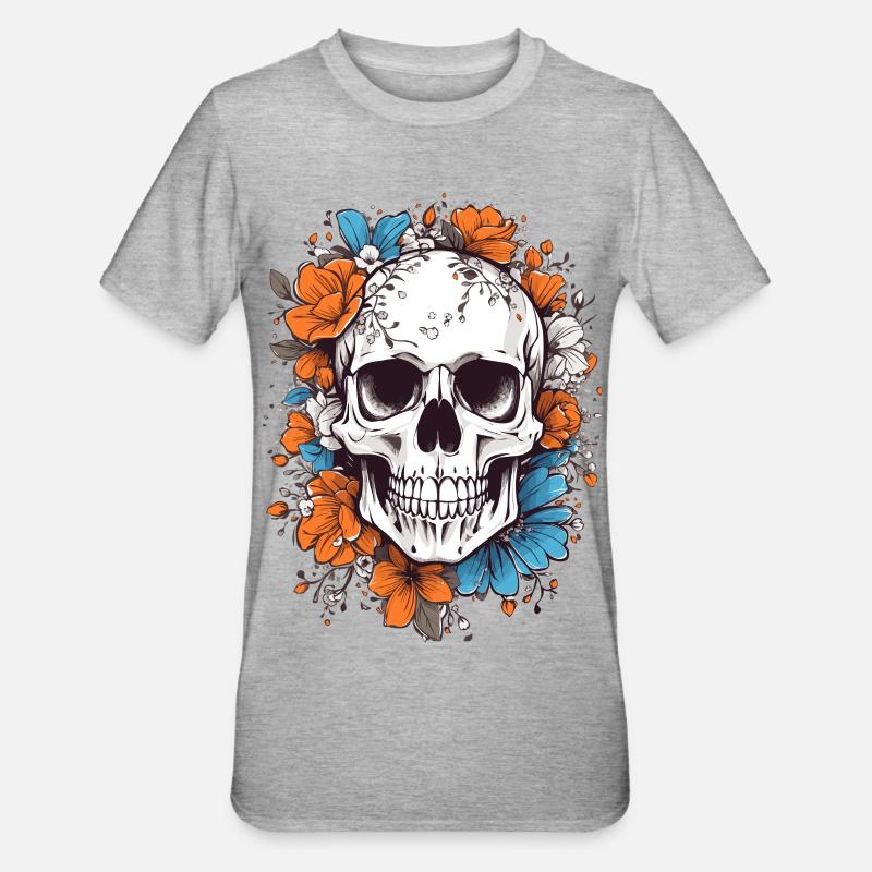 Crâne avec des fleurs - T-shirt polycoton Unisexe - gris chiné
