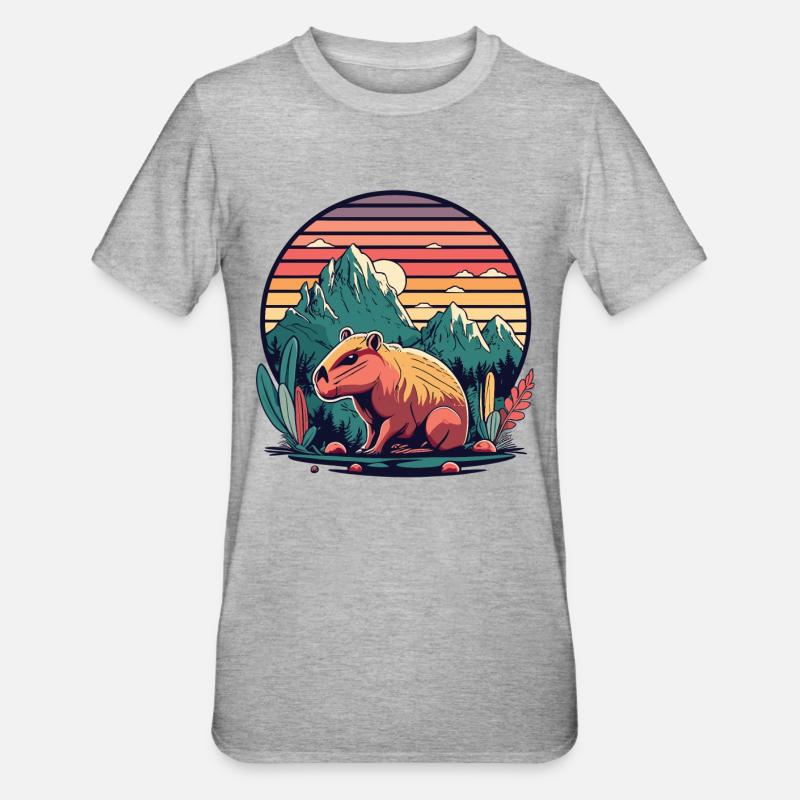 Capybara mit Retro Sunset - Unisex Polycotton T-Shirt - Grau meliert