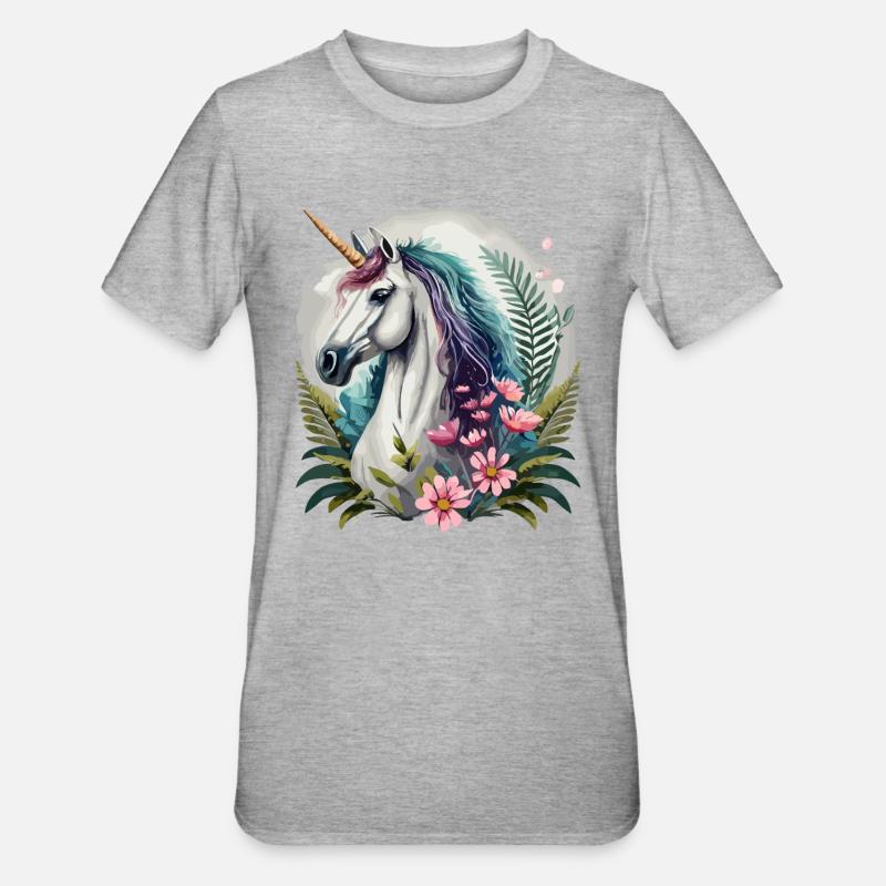 Wunderschönes Einhorn mit Blumen - Unisex Polycotton T-Shirt - Grau meliert