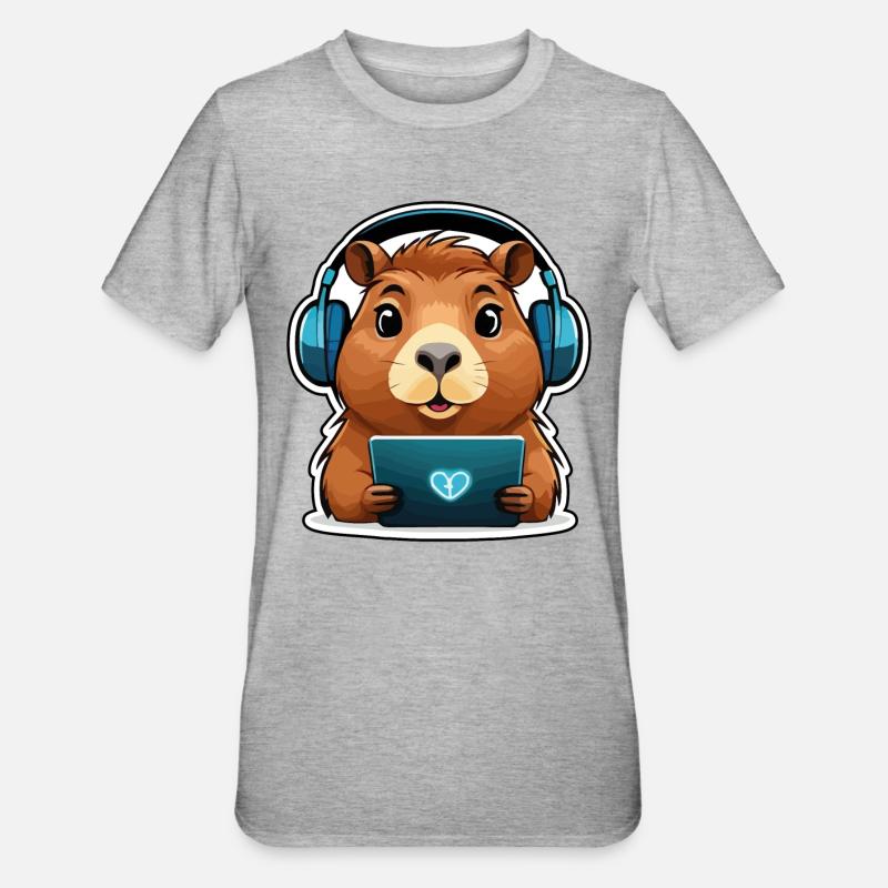Capybara mit Computer - Unisex Polycotton T-Shirt - Grau meliert