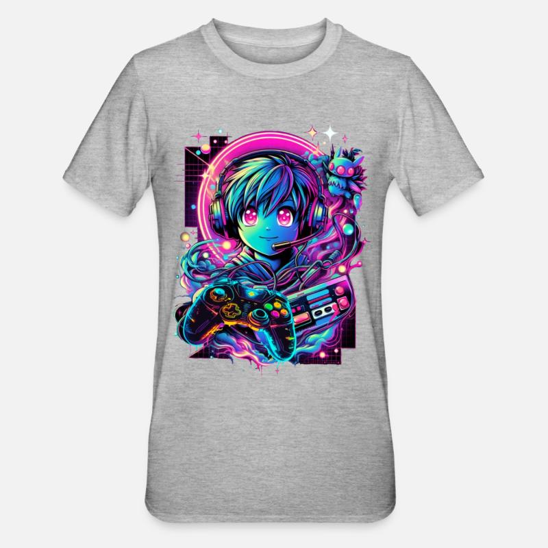 Gamer Controller Anime Synthwave Art - Unisex Polycotton T-Shirt - heather grey