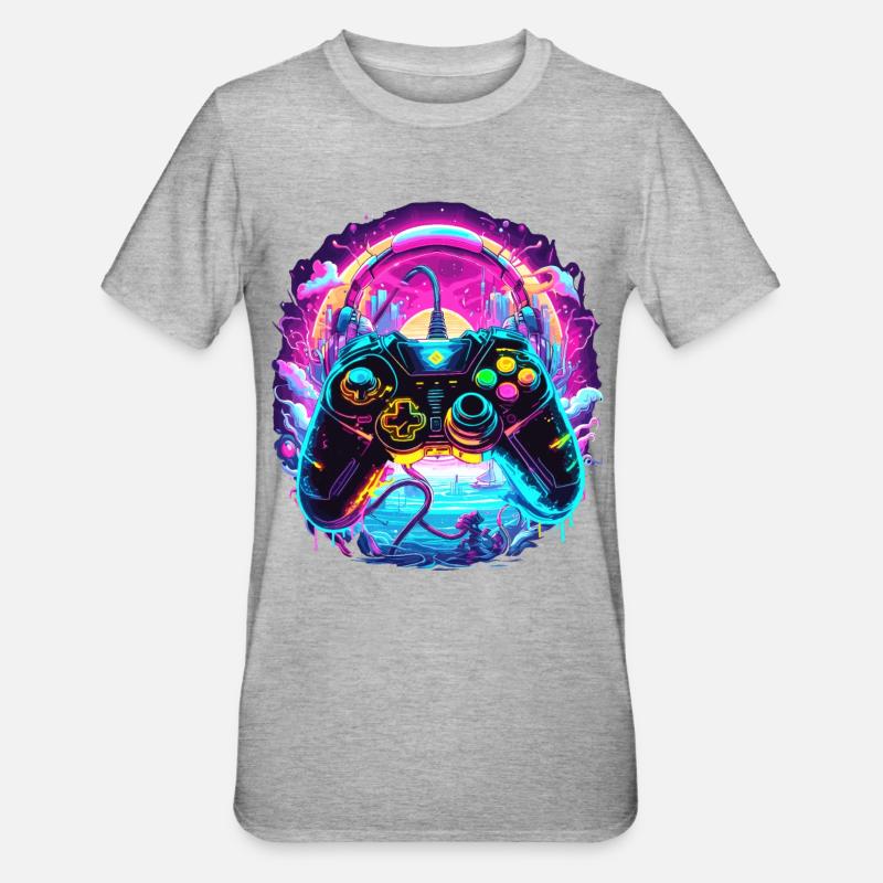 Synthwave Gamer Controller Fantasie Retro Gaming - Unisex Polycotton T-Shirt - Grau meliert