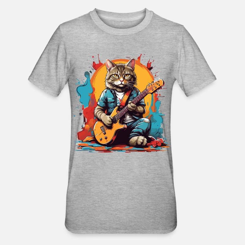 Katze mit Gitarre - Unisex Polycotton T-Shirt - Grau meliert