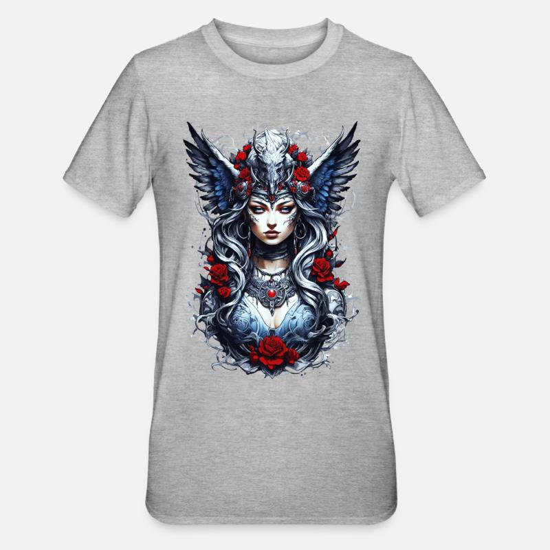 Valkyrie with Ravens, Roses, Vikings - Unisex Polycotton T-Shirt - heather grey