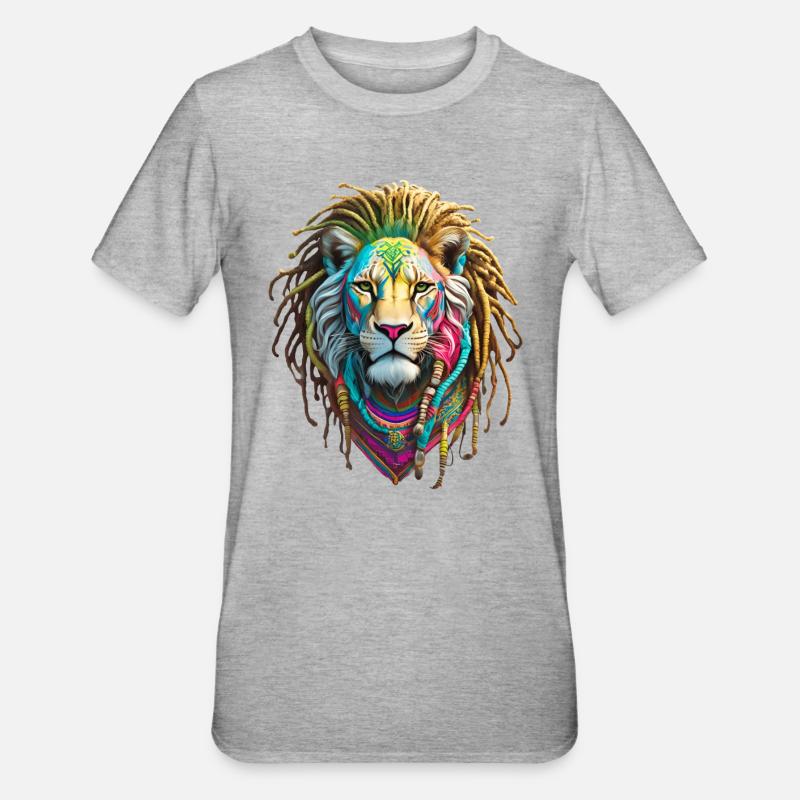 Bunte Afro Löwen und kunstvolle Dreadlocks - Unisex Polycotton T-Shirt - Grau meliert