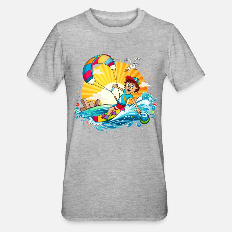 Bunte Illustration eines Kitesurfers - Unisex Polycotton T-Shirt - Grau meliert