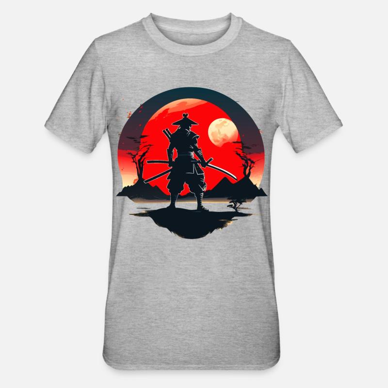 Samurai-Silhouette mit rotem Mondhintergrund - Unisex Polycotton T-Shirt - Grau meliert