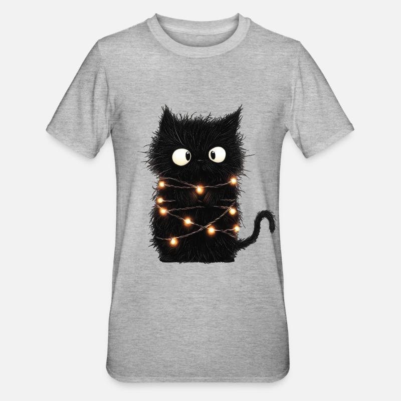 Funny Fairy Lights Cat Christmas Tree Gift - Unisex Polycotton T-Shirt - heather grey