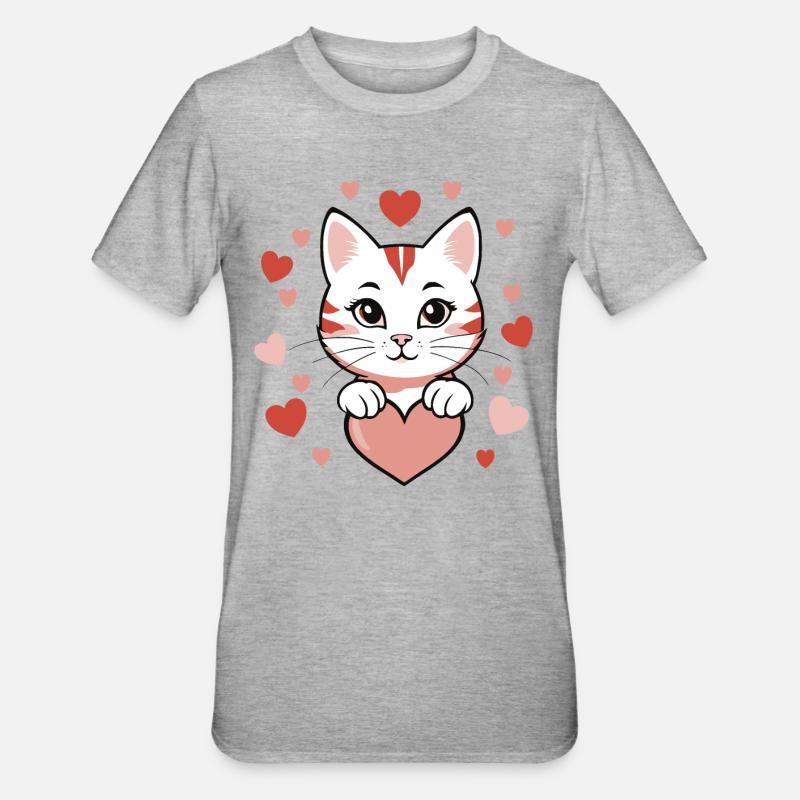 Chat avec des cœurs Amour - T-shirt polycoton Unisexe - gris chiné