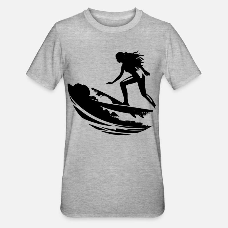 Weiblicher Surfer - Unisex Polycotton T-Shirt - Grau meliert