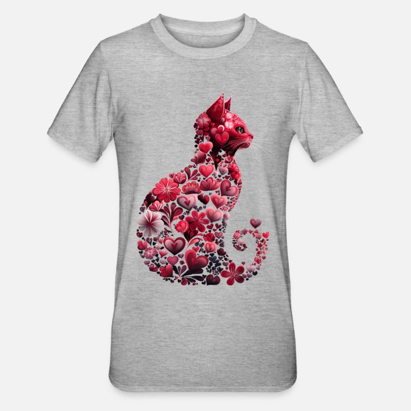 Chat romantique coeurs et fleurs Chat Saint-Valentin - T-shirt polycoton Unisexe - gris chiné