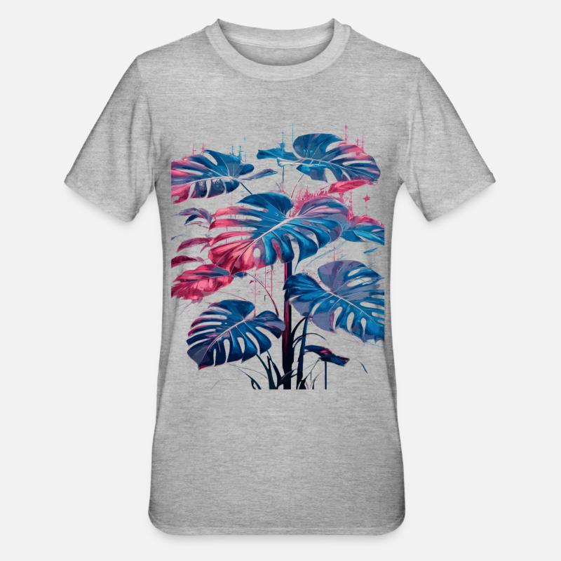 Retro Monstera Pflanze Neon Synthwave - Unisex Polycotton T-Shirt - Grau meliert
