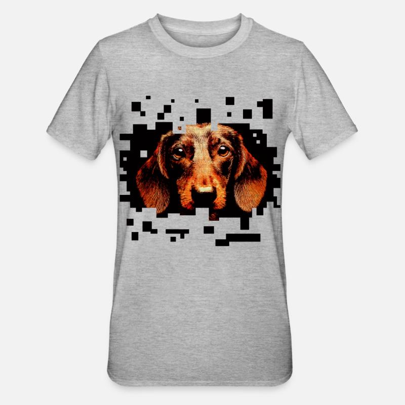 Rauhaariger Dackel Pixelart - Unisex Polycotton T-Shirt - Grau meliert
