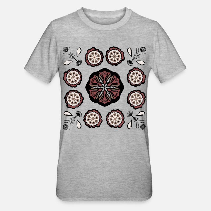 Dunkles Blütenmandala Muster - Unisex Polycotton T-Shirt - Grau meliert