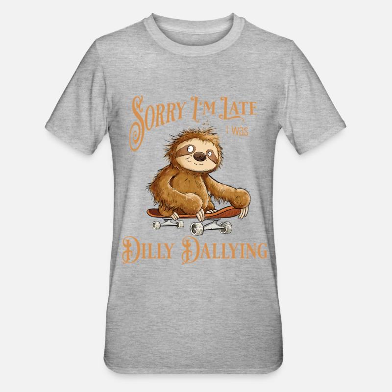 Faultier Mit Skateboard Dilly Dallying - Unisex Polycotton T-Shirt - Grau meliert