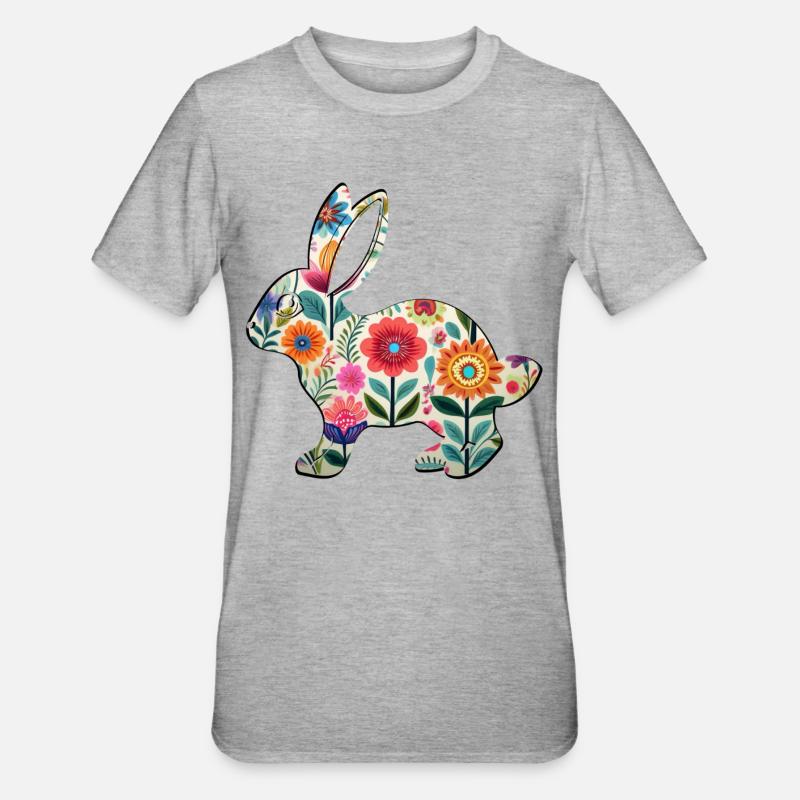 Silhouette fleurie de lapin de Pâques - Boho Chic - T-shirt polycoton Unisexe - gris chiné