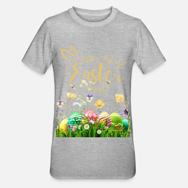 Pâques dorées - Fleurs et œufs - T-shirt polycoton Unisexe - gris chiné