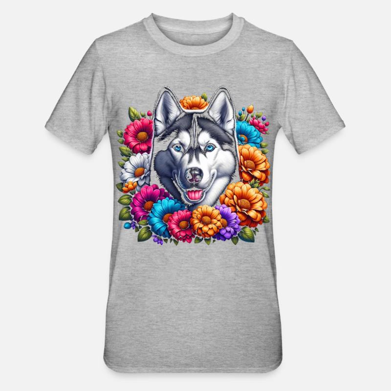 Husky and Floral Pattern - Unisex Polycotton T-Shirt - heather grey