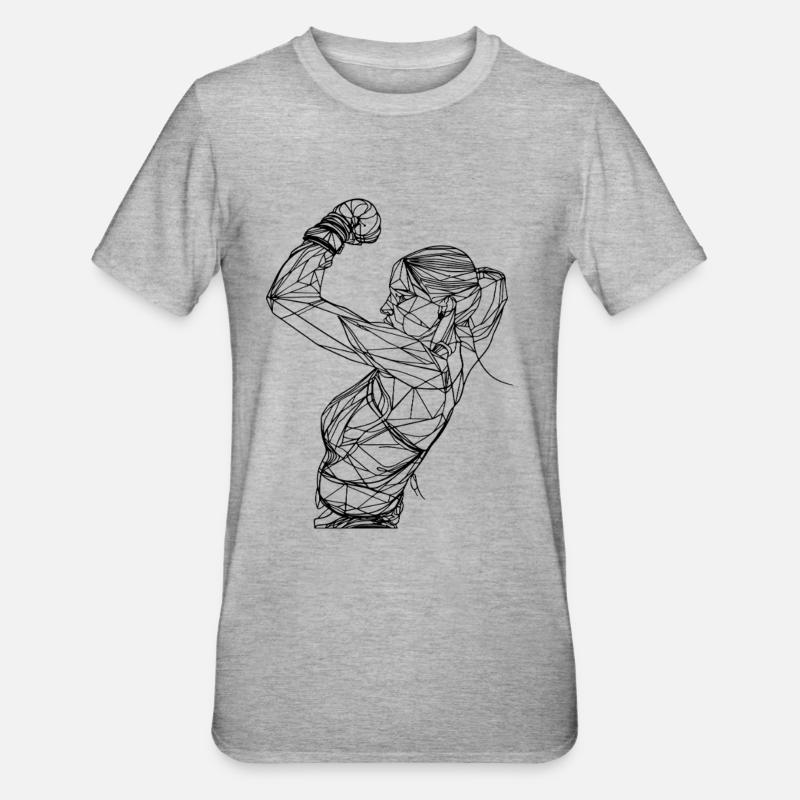 Dessin au trait de boxeuse féminine - T-shirt polycoton Unisexe - gris chiné