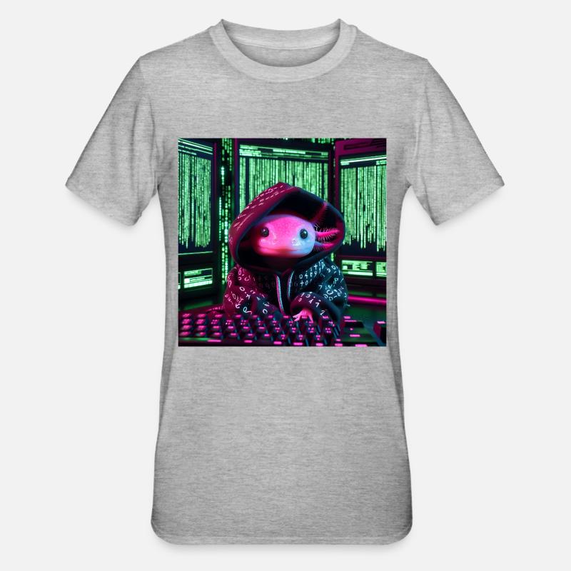 Cyber-Axolotl im digitalen Code-Look - Unisex Polycotton T-Shirt - Grau meliert