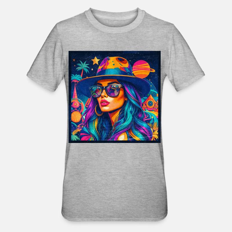 Women's summer colors, planets and palm trees, femininity - Unisex Polycotton T-Shirt - heather grey