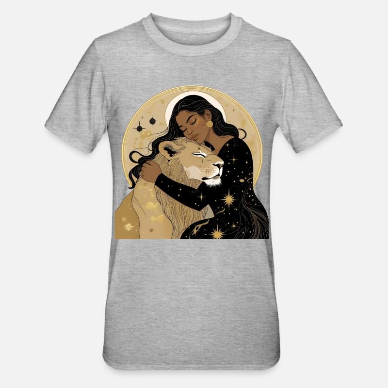 Frau mit Löwe in Sternenhimmel - Unisex Polycotton T-Shirt - Grau meliert
