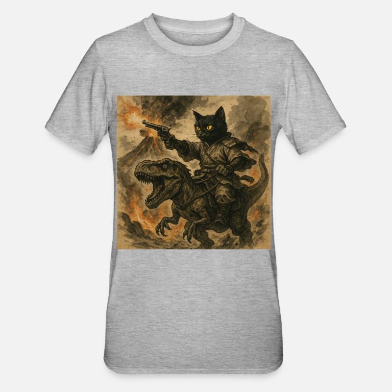 Samurai-Katze reitet auf Dinosaurier bei Vulkanausbruch - Unisex Polycotton T-Shirt - Grau meliert