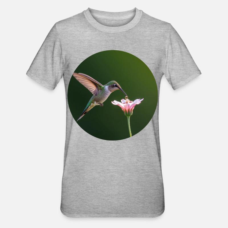 Colibri avec fleur en gros plan - T-shirt polycoton Unisexe - gris chiné