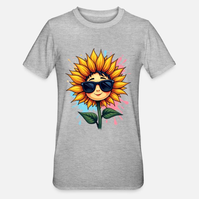 Sonnengelbe Sonnenblume mit Sonnenbrille - Unisex Polycotton T-Shirt - Grau meliert
