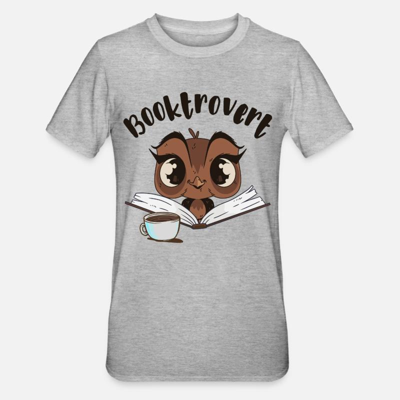 Booktrovert Owl with Book and Coffee - Unisex Polycotton T-Shirt - heather grey