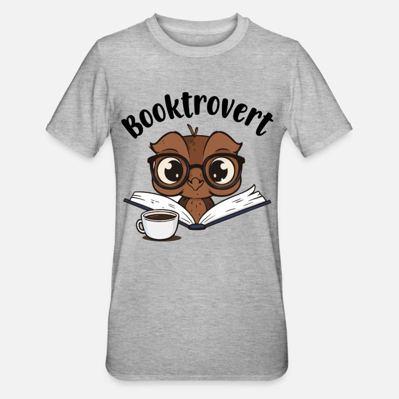Booktrovert Eule mit Buch und Kaffee - Unisex Polycotton T-Shirt - Grau meliert