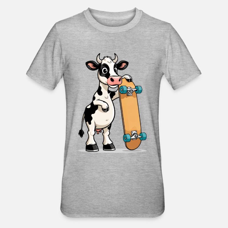 vache avec skateboard - T-shirt polycoton Unisexe - gris chiné