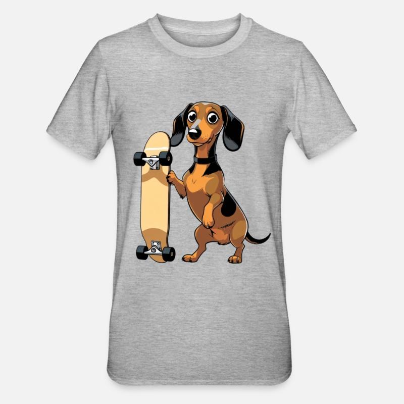 Dackel mit Skateboard Design - Unisex Polycotton T-Shirt - Grau meliert