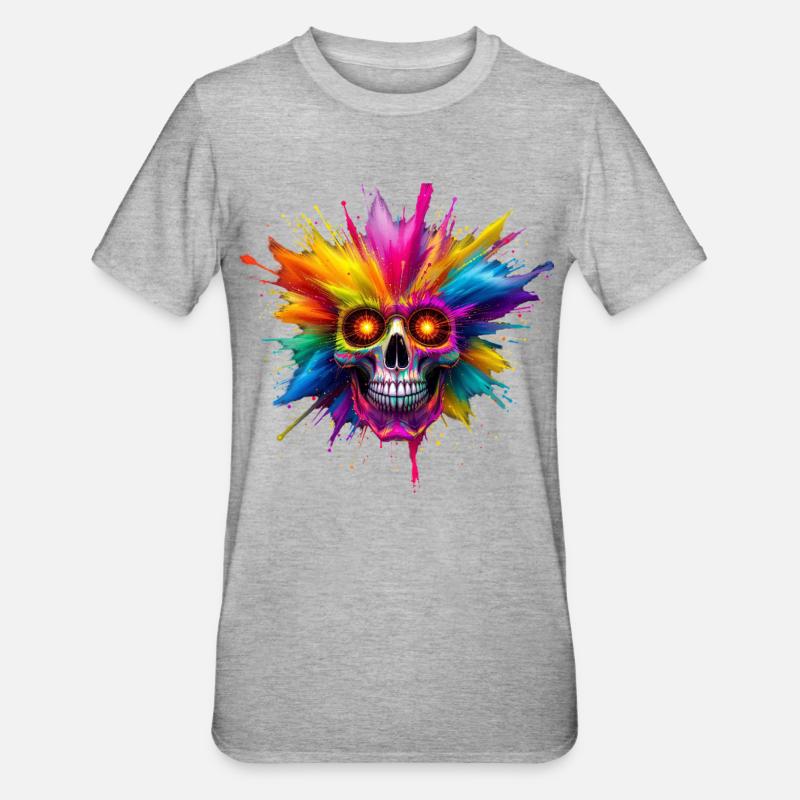 Bunter Totenkopf mit Farbexplosion - Unisex Polycotton T-Shirt - Grau meliert