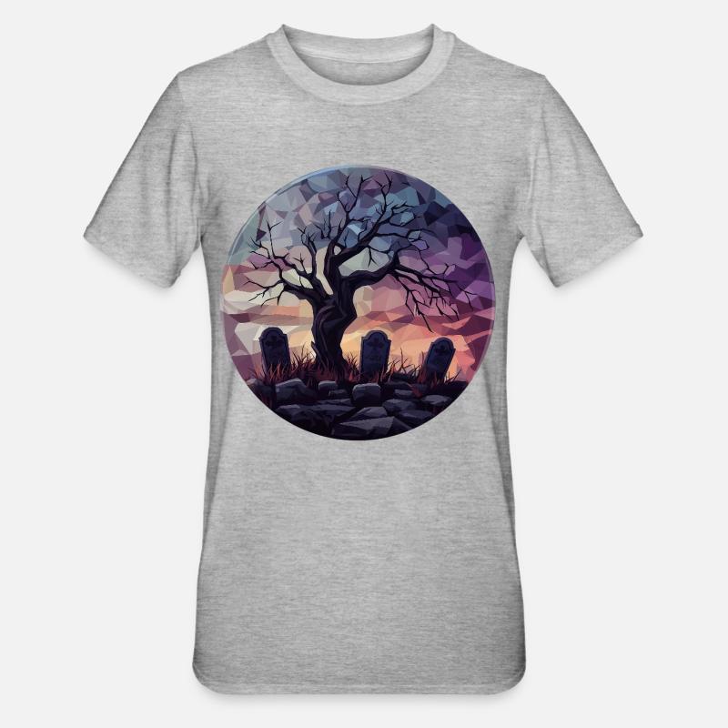 Geometric Ghost Tree at Sunset - Unisex Polycotton T-Shirt - heather grey