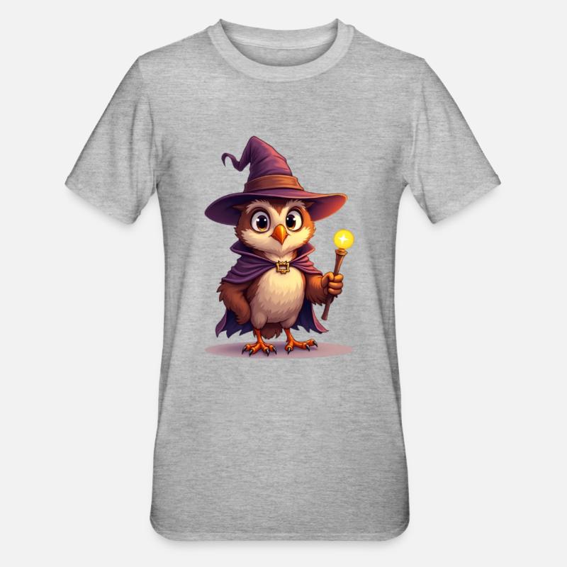 Zauberhafter Eulen-Zauberer mit Zauberstab - Unisex Polycotton T-Shirt - Grau meliert