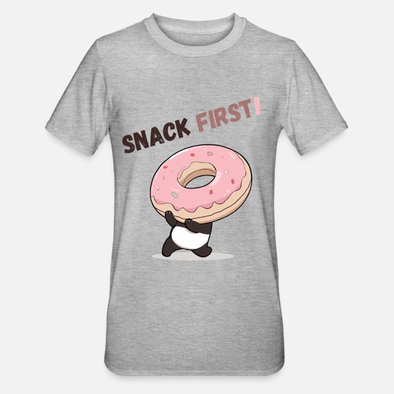 Panda ludique avec un beignet - T-shirt polycoton Unisexe - gris chiné