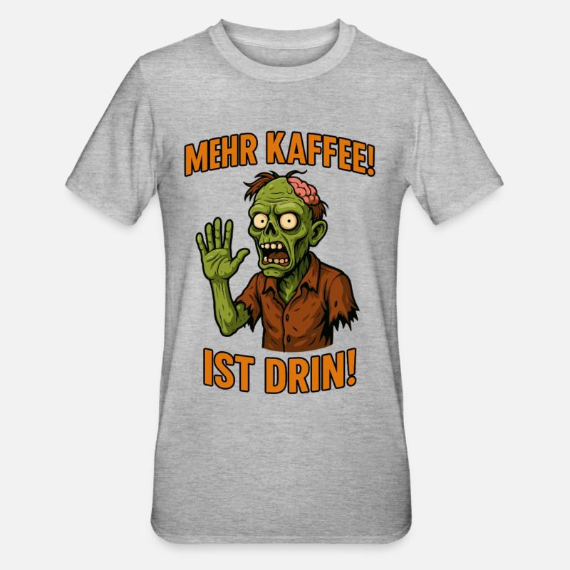 Humorvoller Zombie mit Kaffeegeste - Unisex Polycotton T-Shirt - Grau meliert