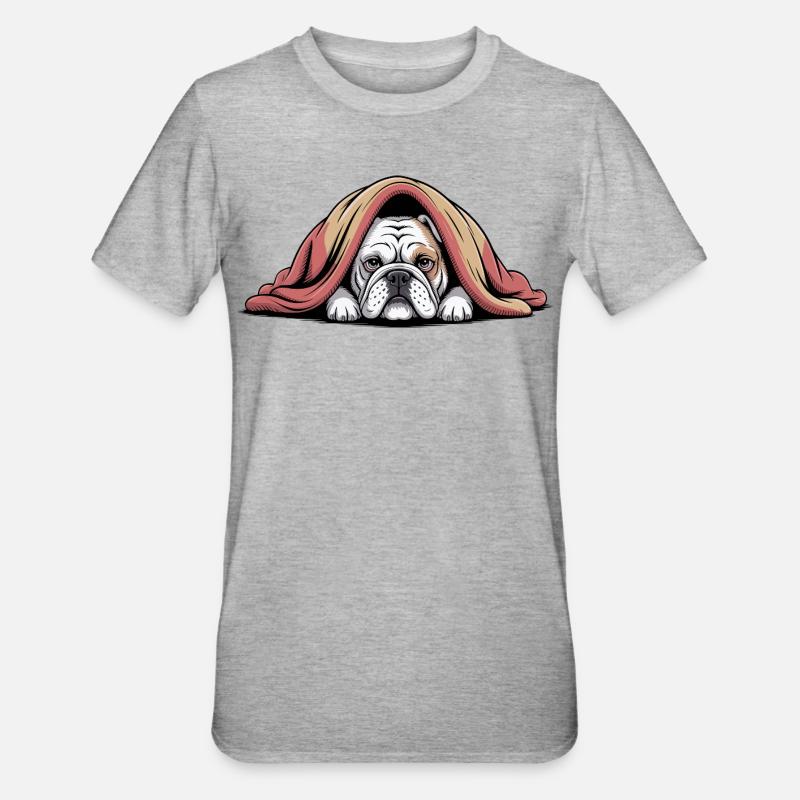 Bouledogue douillet sous couverture - T-shirt polycoton Unisexe - gris chiné