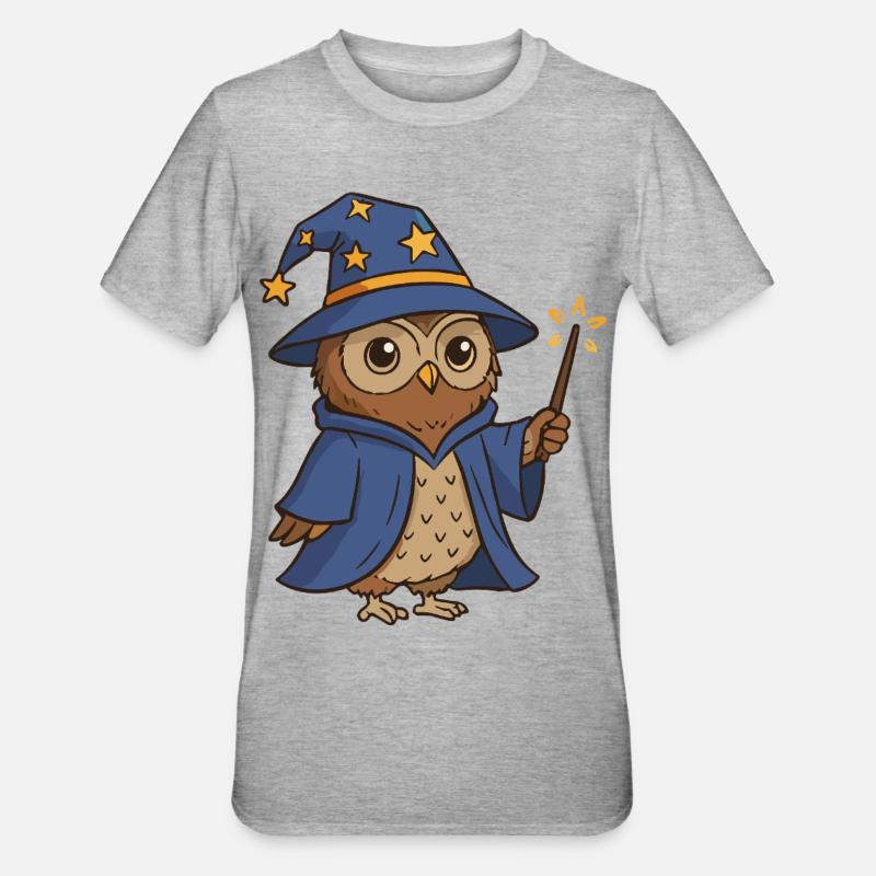 Magische Eule Zauberer Illustration - Unisex Polycotton T-Shirt - Grau meliert
