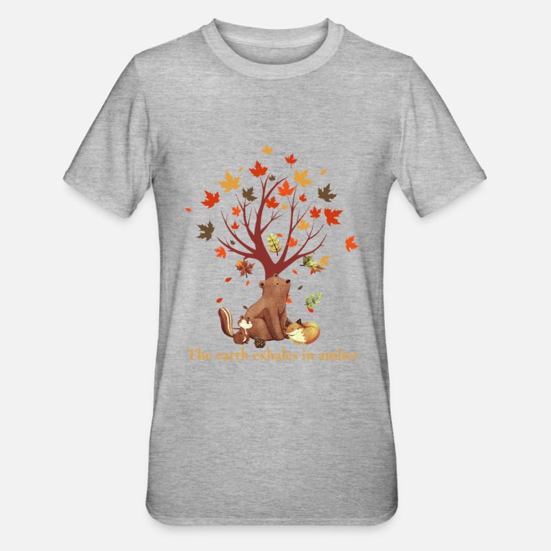Waldtiere mit Herbstbaum und Spruch - Unisex Polycotton T-Shirt - Grau meliert